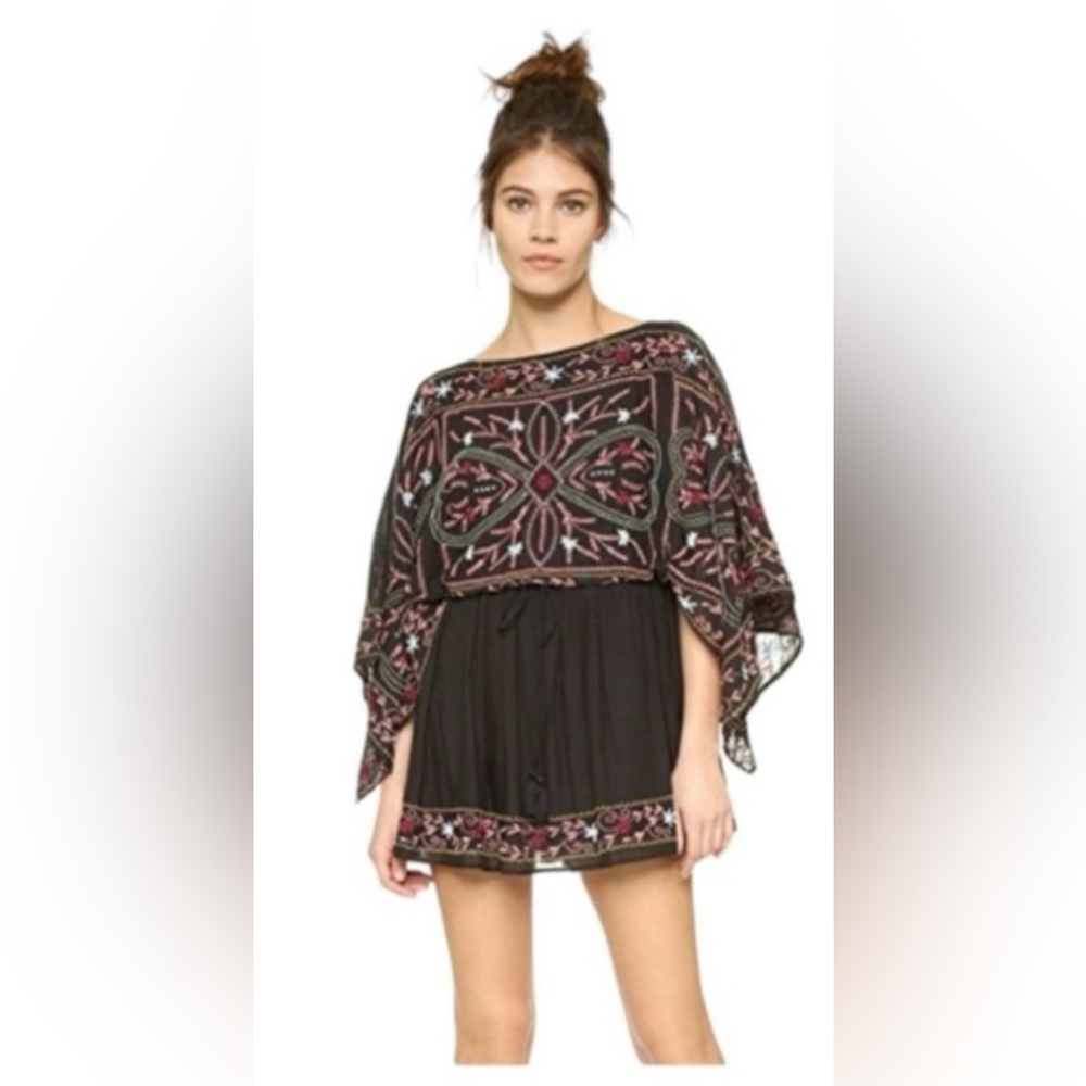 Free People Embroidered Black Boho Tunic with Floral Motif
